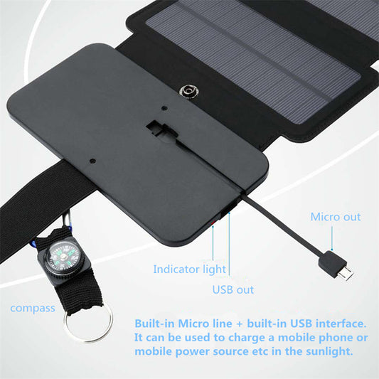 A portable 10W folding solar panel charger with a built-in micro line and USB interface. It includes a compass and a USB-C cable, designed to charge mobile phones or other devices through direct connection or a power bank.
