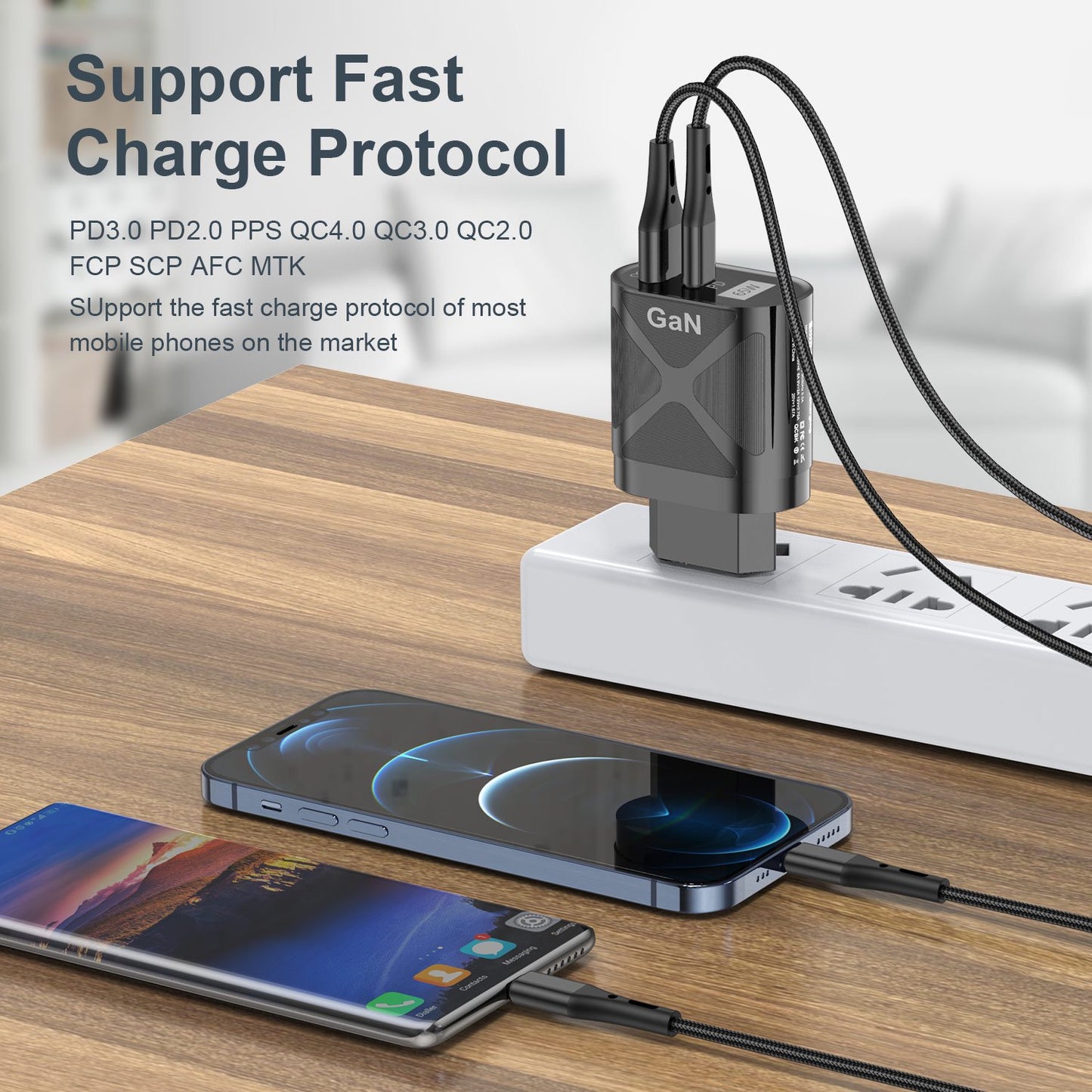 65W GaN USB USBC Fast Charger. PD, QC and Other Main Protocols