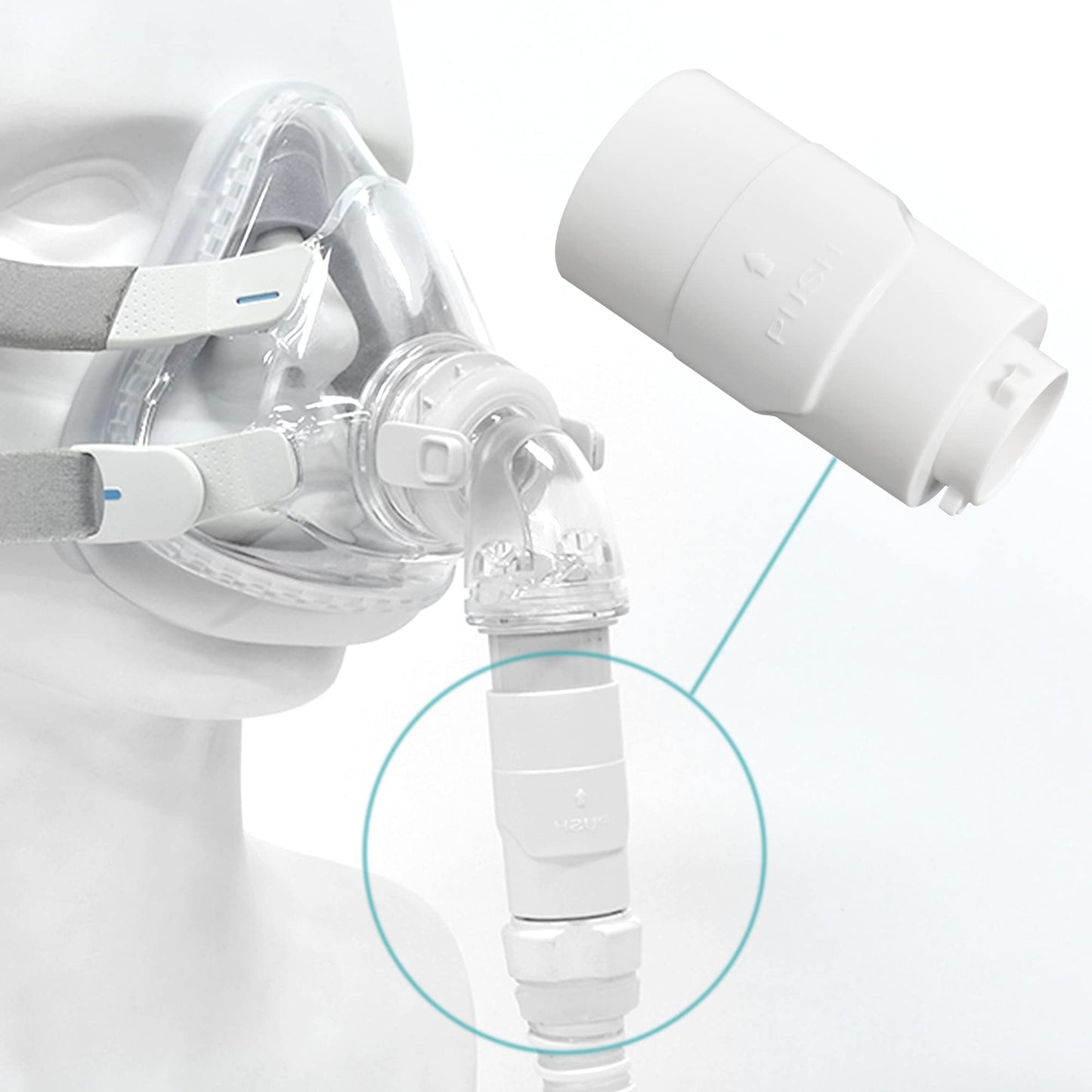A white ResMed Mini Tubing Connector for standard CPAP masks, shown with a CPAP machine and a detailed view of the connector's structure.