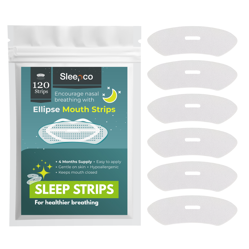 A pack of Sleepco brand nasal breathing strips, with a visual representation of the ellipse-shaped adhesive strips and the packaging which highlights the product's features and includes 120 strips for 4 months' supply.
