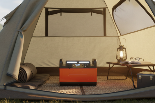 Orange and black power station in a tent. DC AC Large Capacity CPAP Fridge Camping