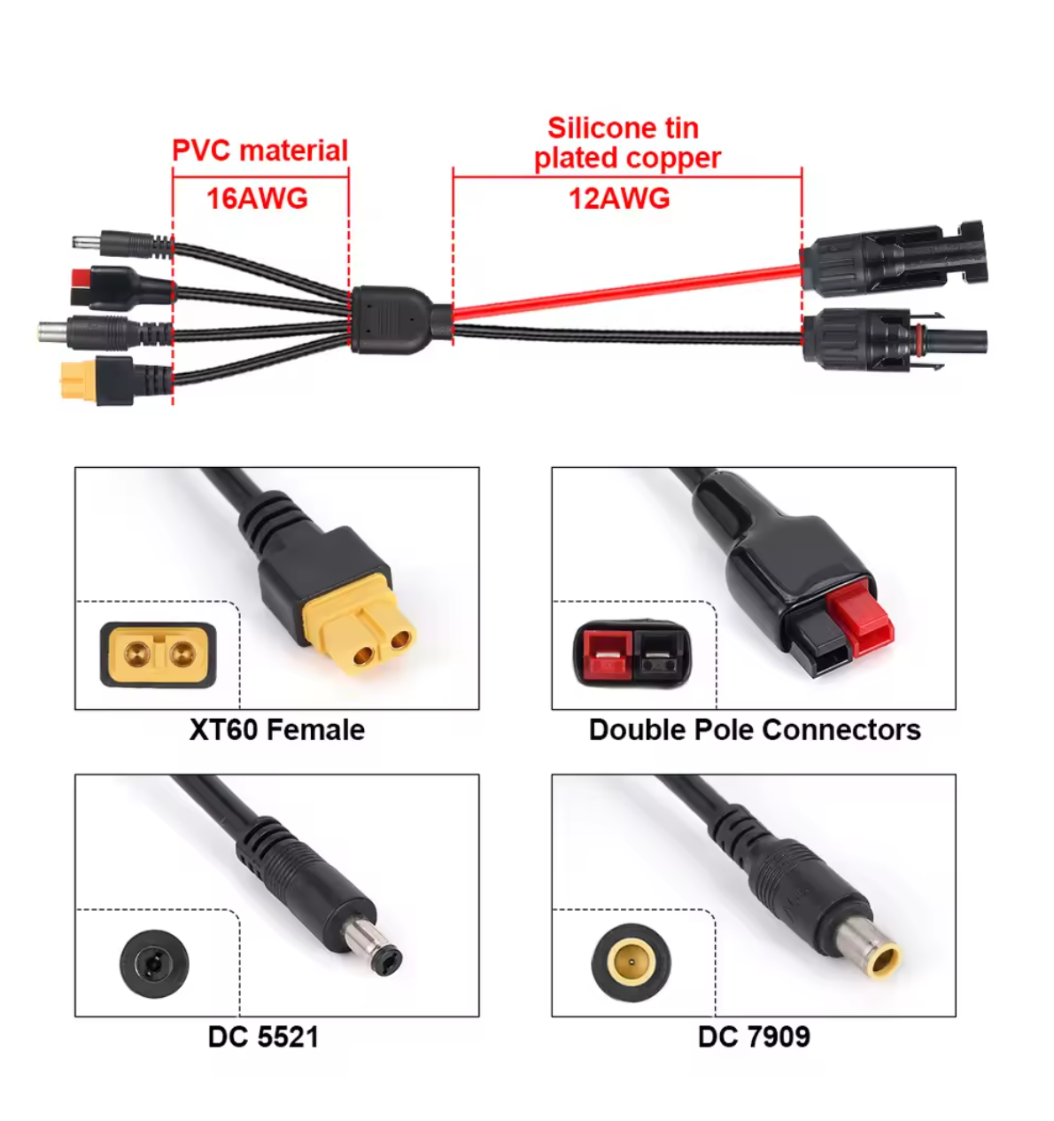 4-in-1 Solar Connector Cable MC4 to XT60 DC5521 7909 DC Anderson 12AWG