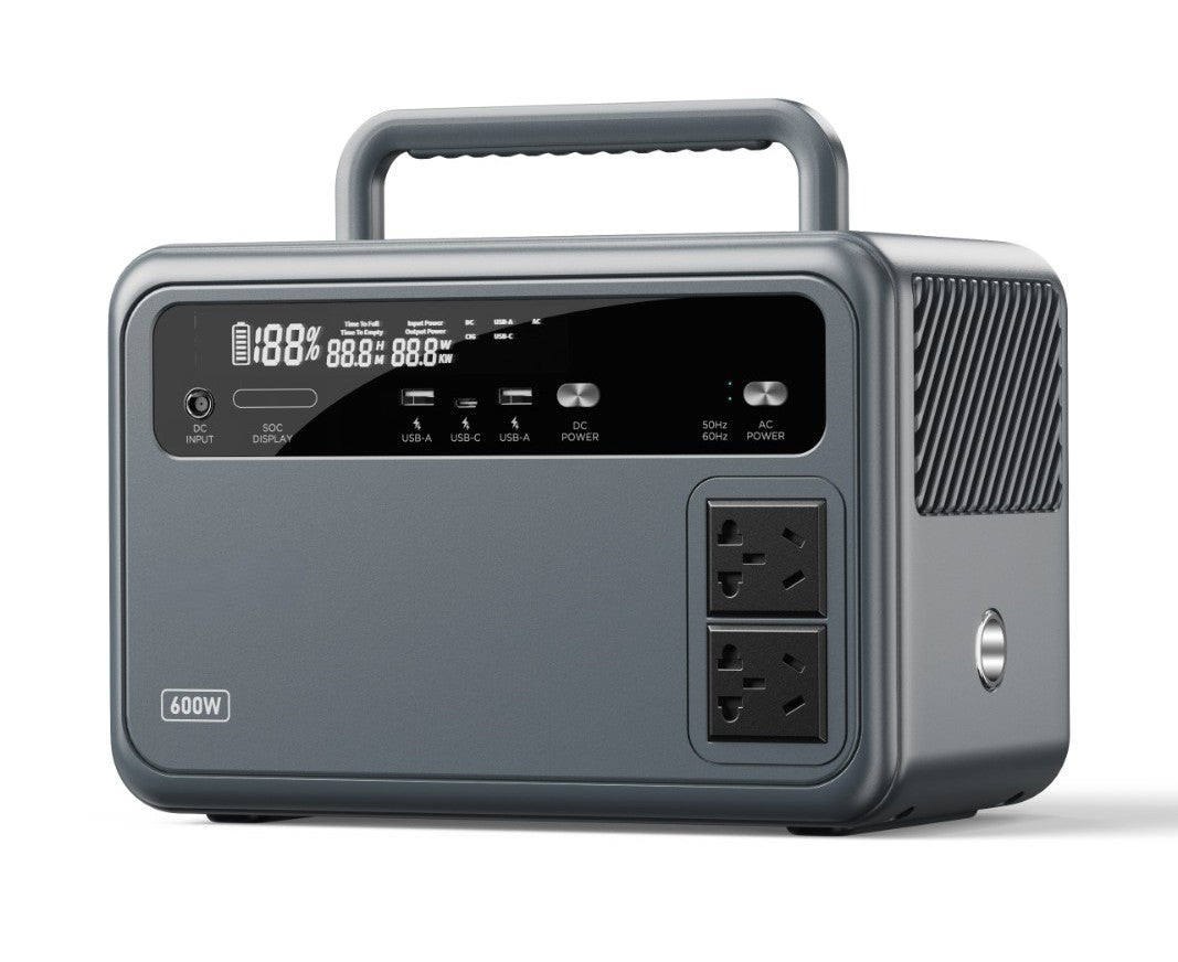 Portable power station with digital display and multiple outlets on a white background