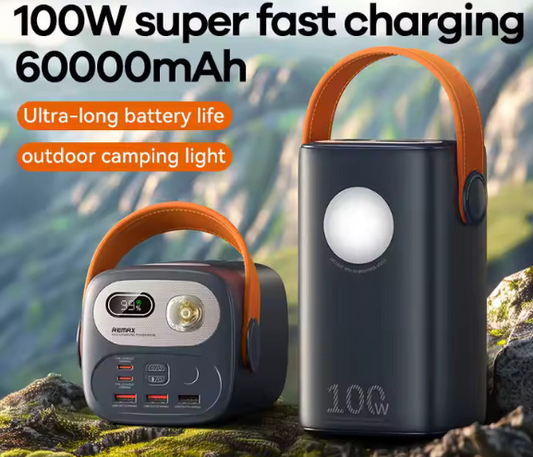 A promotional image featuring a Sleepco large capacity CPAP power bank with a capacity of 220Wh. The power bank is shown in two states, one with the lid closed and another with the lid open displaying the internal compartments and an LED light.