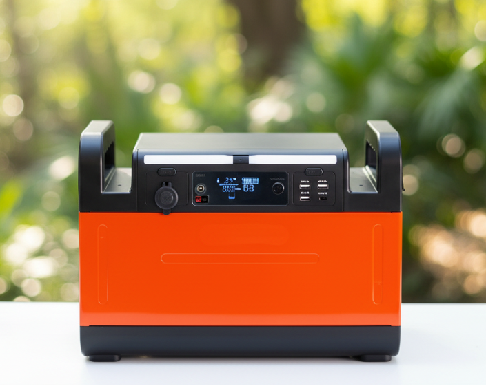 Orange and black power station on a white surface with a blurred kitchen background