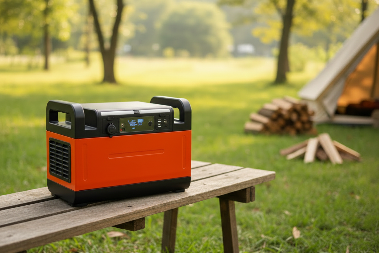 Orange and black power station on a bench in the outdoors camping holiday area