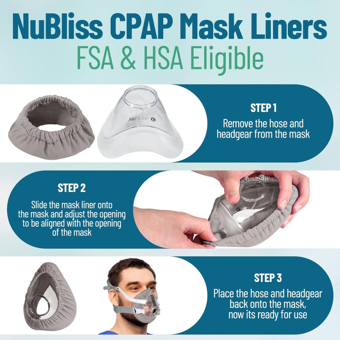 CPAP Mask Liner. Full Face Mask (Medium to Large) Cotton Cover. Pack of Four
